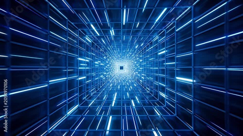 Grid cube tunnel with blue glowing lines converging to center