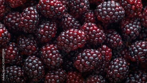 Close-up of fresh, ripe blackberries with a glossy surface, showcasing rich dark purple hues and intricate textures