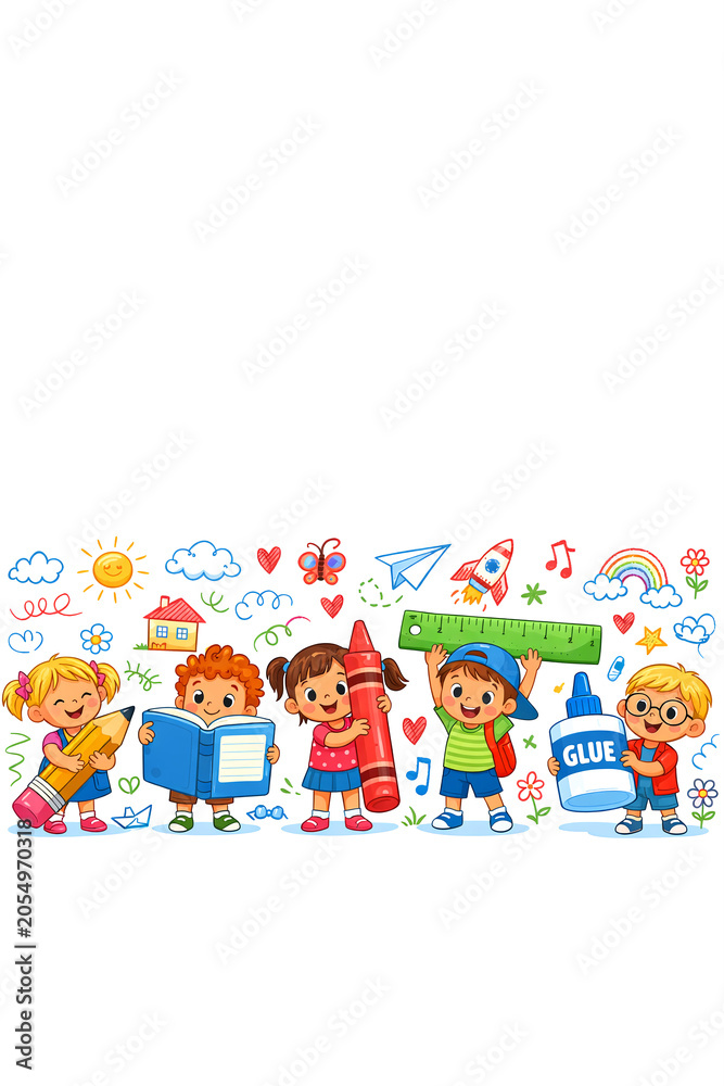 Fototapeta premium A cheerful cartoon of kids holding books and other learning tools.