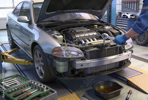 Professional mechanic replacing engine oil in a car on a hydraulic lift at a modern automotive repair workshop