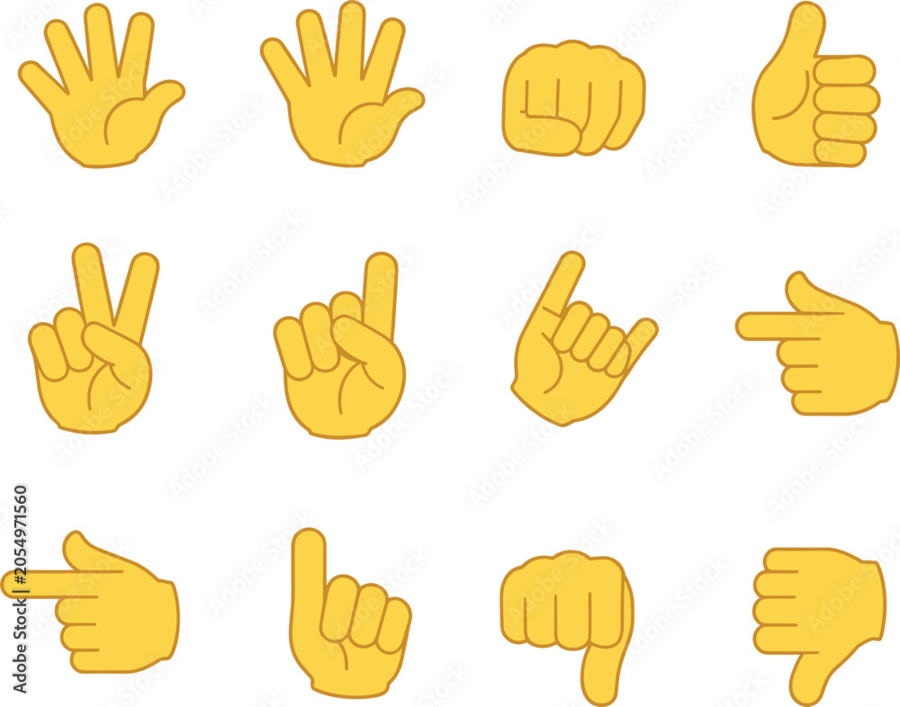 Fototapeta premium Hand gesture emoji set thumbs up pointing fist signs vector illustration collection