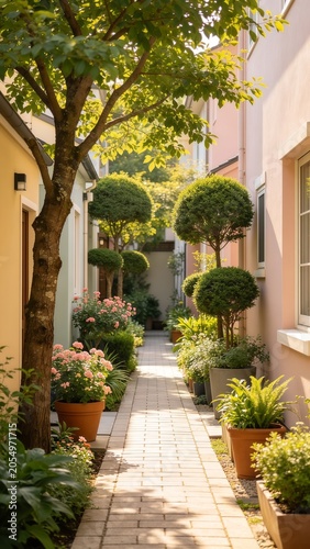 Charming narrow cobblestone pathway lined with vibrant potted flowers and manicured green trees between colorful houses in summer