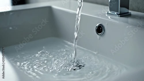 Close-up view of a modern chrome faucet with running water flowing into a white ceramic basin in a minimalist bathroom interior with grey wall tiles and natural lighting.