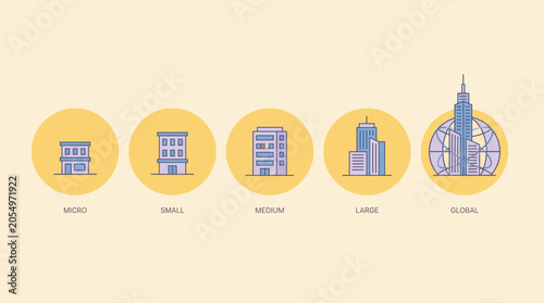 Business type hierarchy flat vector illustration shows global office buildings icons