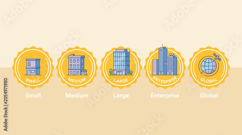 Infographic illustration showing business sizes from small to global