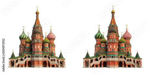 Two identical traditional russian orthodox cathedrals as PNG element isolated on transparent background