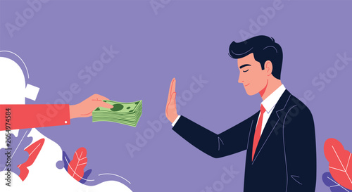 Honest businessman making stop hand gesture to reject a stack of cash money bribe representing anti corruption and integrity.