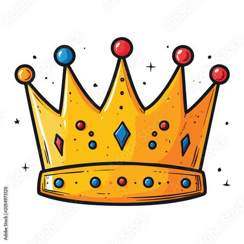 Golden royal crown illustration with colorful gemstones.