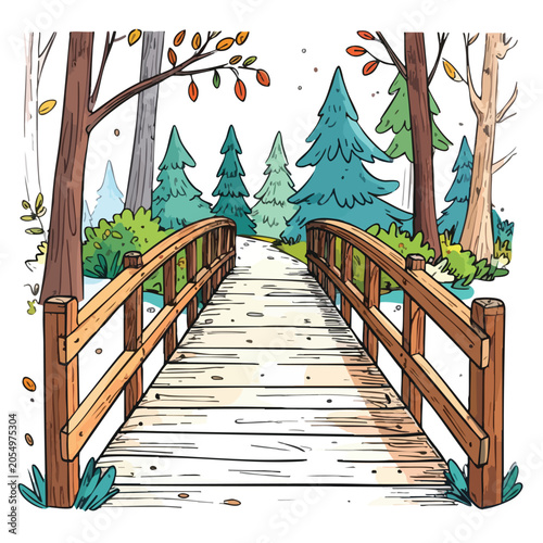 Hand drawn wooden footbridge leading into a forest path.