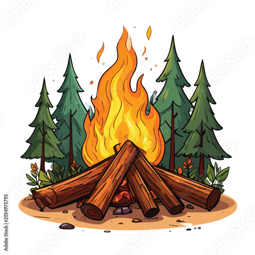 Cartoon campfire with logs burning in a forest setting.