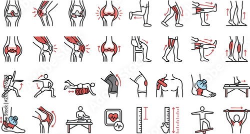 Konstfotografi Knee pain relief and leg rehabilitation physical therapy icon set showing joint anatomy, muscle stretching exercises, kinesiology taping and physiotherapy treatment vector illustration