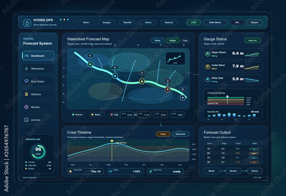 Fototapeta premium Hydro operations dashboard interface with watershed forecast map, gauge status cards, crest timeline, rainfall bars, and dark blue telemetry panels