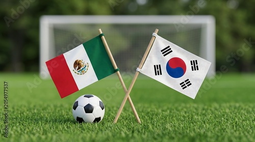 Mexico and South Korea Flags with Soccer Ball on Grass Field