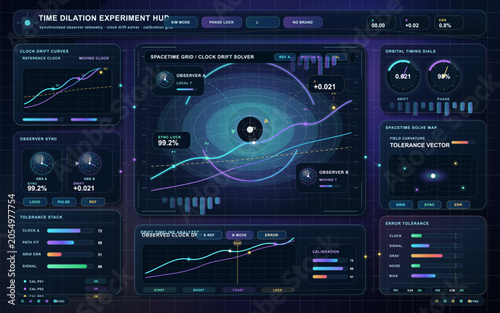 Cuadro en lienzo Futuristic time dilation experiment HUD with spacetime grid, clock drift curves,