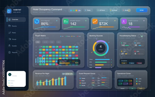 Valokuva Hotel operations dashboard interface with occupancy metrics, room status grid, revenue charts, service queue, and colorful dark glass panels
