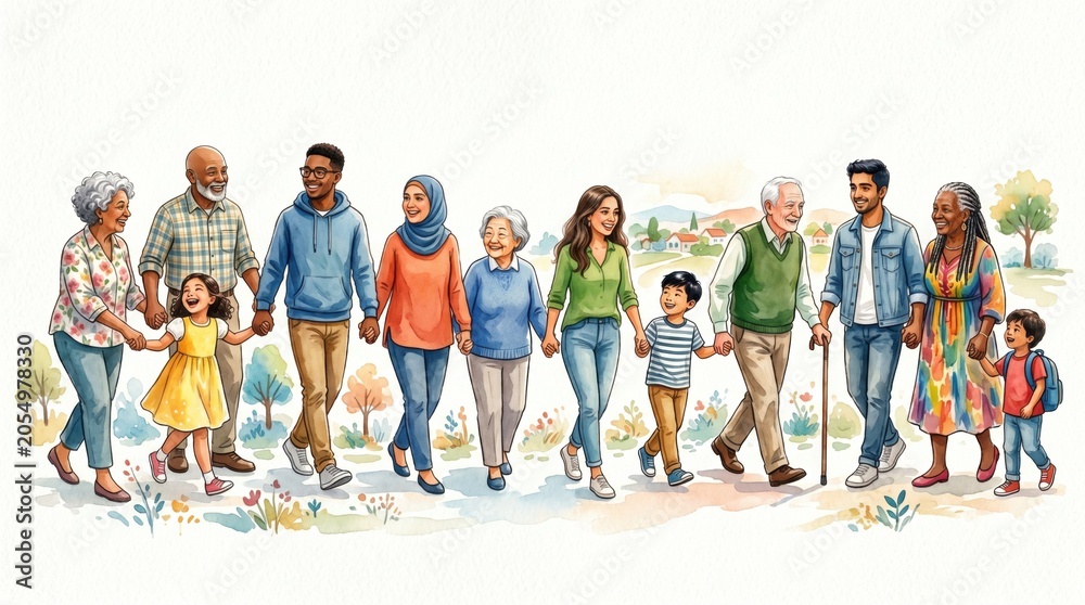 Obraz premium Diverse Multi Generational Family Walking Hand in Hand in a Park Setting With Colorful Background