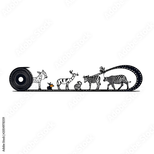 фотографія A stylized film reel features animals; giraffe, deer, zebra, puppy, and a baby z