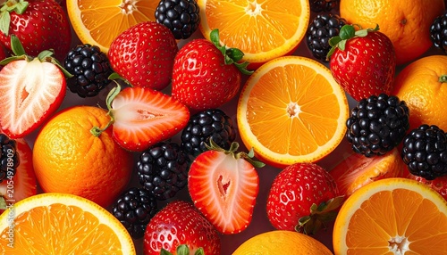 Vibrant Assortment of Fresh Strawberries, Oranges, and Blackberries.