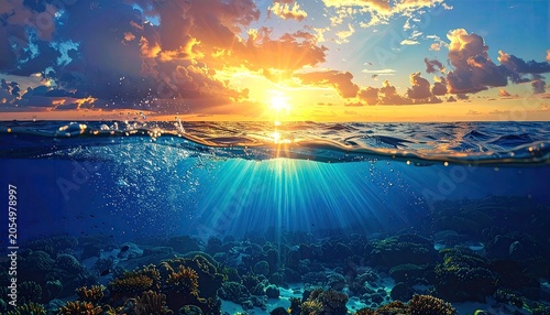 Underwater Coral Reef and Ocean Surface at Sunset.