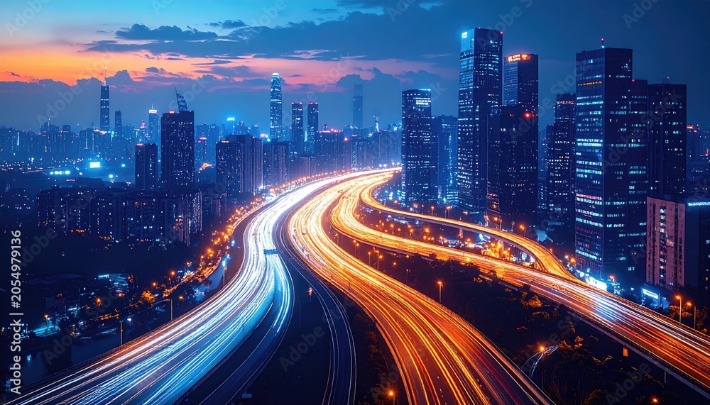 Obraz premium Vibrant Cityscape at Dusk with Streaking Car Lights on Highway.