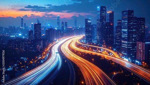 Vibrant Cityscape at Dusk with Streaking Car Lights on Highway.