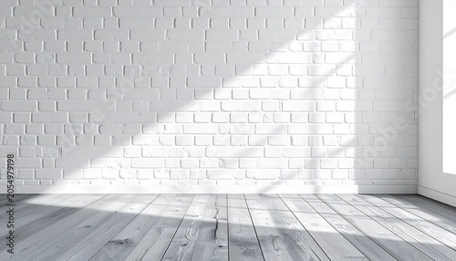 Bright White Brick Wall with Sunlight and Wooden Floor.