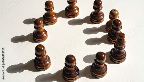 Chess Pawns Arranged in a Circle on a White Surface.