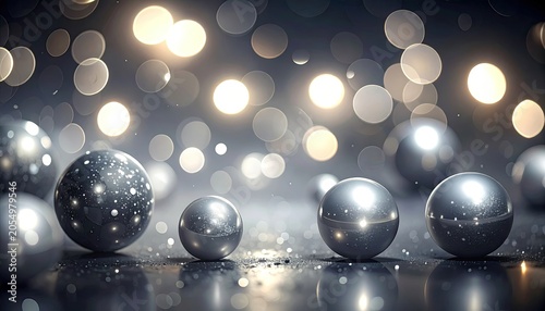 Abstract Silver Spheres with Bokeh Lights Background.