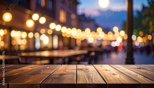Empty Wooden Table in Front of a Blurred Outdoor Cafe at Dusk.