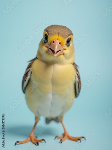 Cute little bird standing on light blue background
