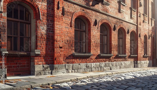Old Brick Building Facade with Cobblestone Street and Arched Windows.