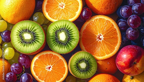 Vibrant Assortment of Fresh Fruits - Oranges, Kiwis, Grapes, and Apples.