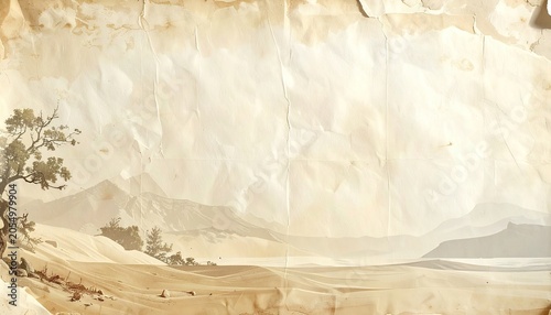 Vintage Landscape Painting with Mountains and Water.
