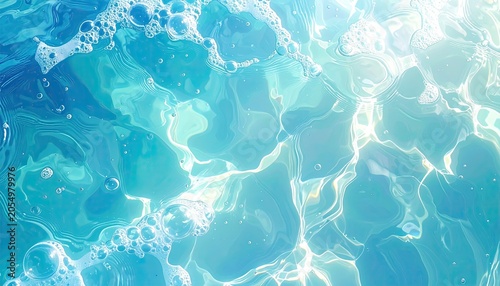 Abstract Blue Water Surface with Light Reflections and Bubbles.