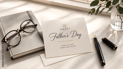 Happy father day greeting card with glasses and pen on a desk illustration