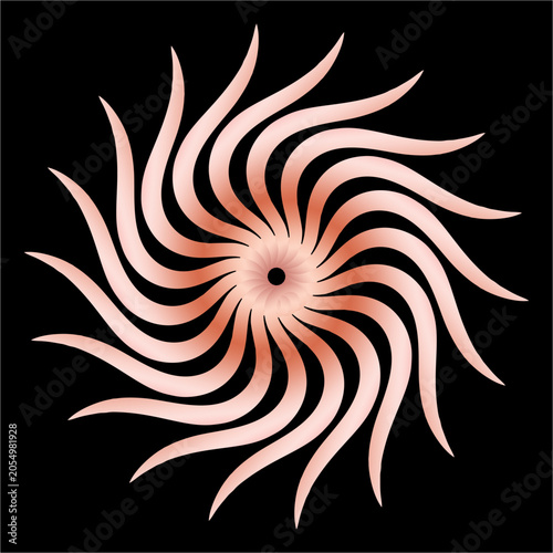 Фотография Sixteen tapered rose-gold blades spiral inward toward a dark pupil-like core, glowing with warm metallic luminance against a deep, dramatic black void