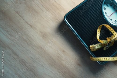 Digital scale showing weight and a measuring tape on wooden floor, symbolizing health, diet, body goals, and active lifestyle