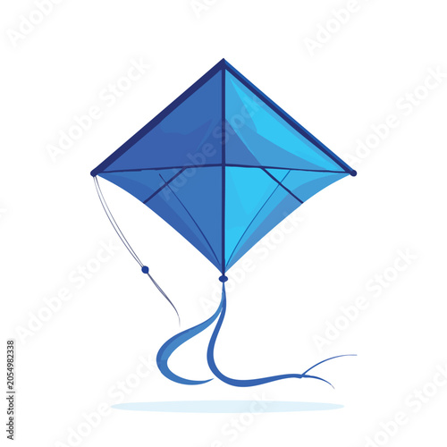 A vibrant blue diamond shaped kite with flowing ribbons.