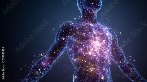 Transparent human body filled with moving galaxies, cosmic energy concept 