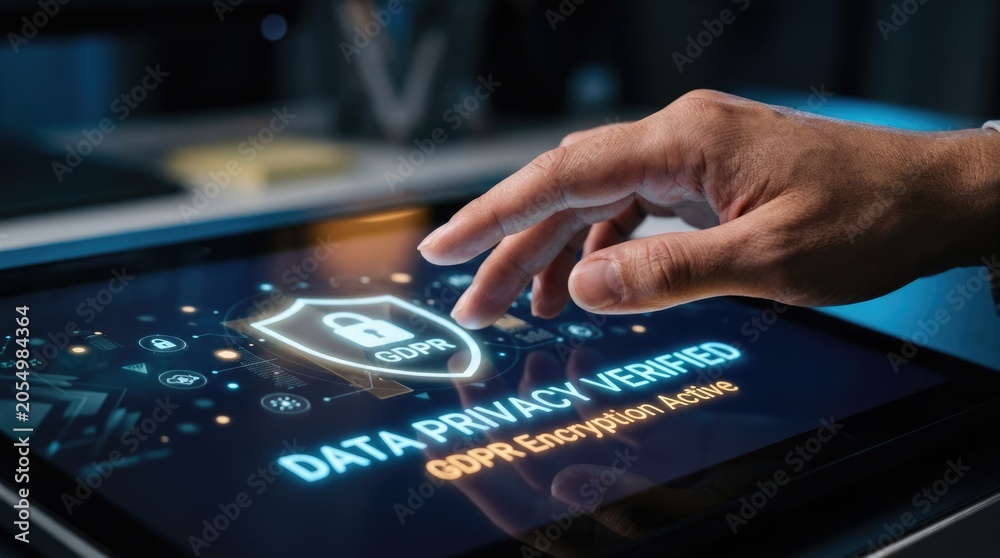 Fototapeta premium Focus on hand touching screen showing data privacy verified message in office setting during night time