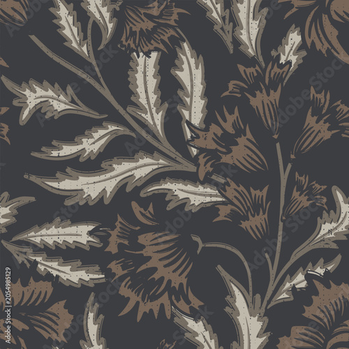 Gothic floral botanical seamless pattern. Vintage abstract victorian seamless pattern, elegant decoration luxury paisley in black brown. Moody nature design