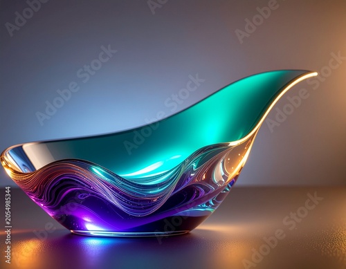 Abstract iridescent art glass bowl with colorful curving design iridescent sculpture decorative colorful
