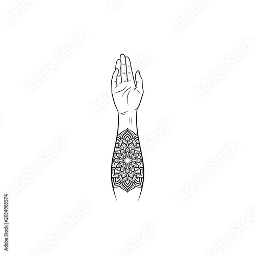 Elegant Minimalist Line Art Illustration of a Human Hand and Forearm with an Intricate Geometric Mandala Tattoo Design, Black and White Body Art for Zen, Yoga, and Spiritual Concepts