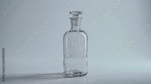 Clear glass apothecary bottle stopper caustic refraction, cool white mono studio