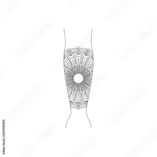 Elegant Line Art Illustration of a Human Forearm with an Intricate Geometric Mandala Tattoo Design, Minimalist Black and White Body Art for Zen, Yoga, Meditation, and Spiritual Concepts