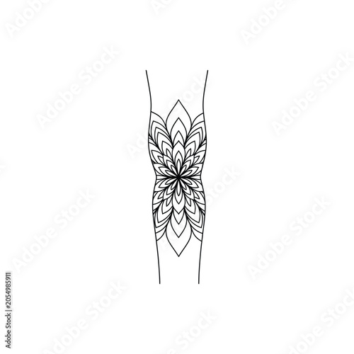 Elegant Line Art Illustration of a Forearm featuring a Symmetrical Lotus Mandala Tattoo Design, Minimalist Black and White Body Art for Zen, Yoga, Meditation, and Spiritual Concepts
