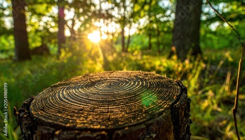 Weathered Tree Stump With Concentric Rings Bathed in Dappled Sunlight