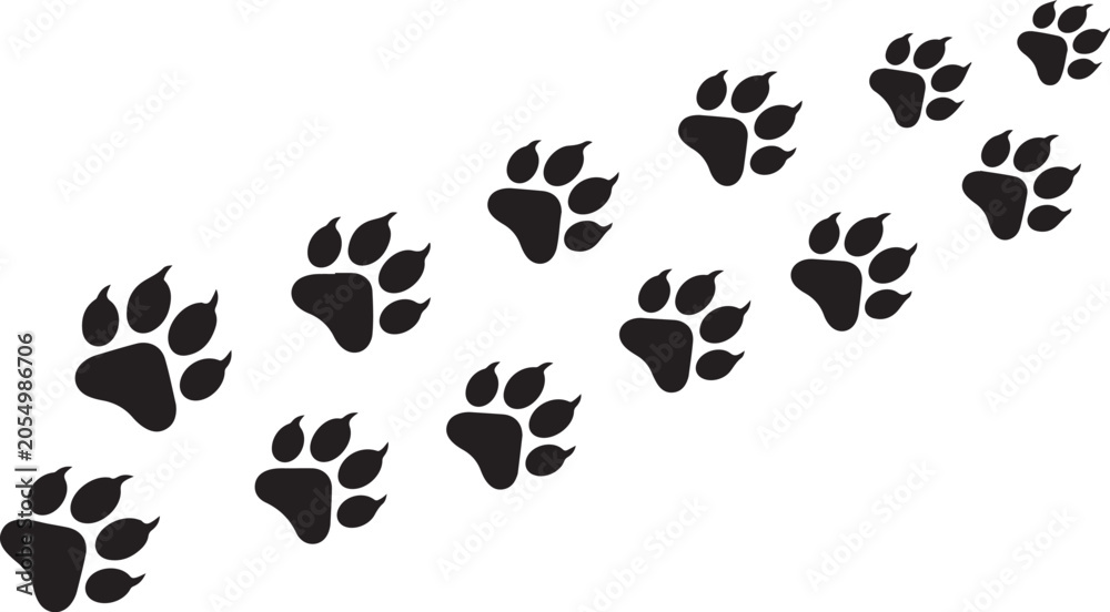 Fototapeta premium Black paw prints, animal footprints, vector icons, paw marks, trail signs