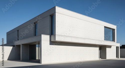 Modern minimalist concrete house exterior with clean geometric architecture against a clear blue sky