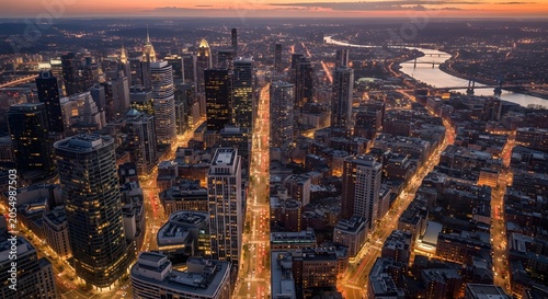 Aerial view of a modern city skyline at night with glowing skyscraper lights and streets